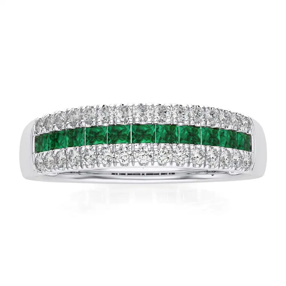 1/4 CTW Round Cut Diamond with Emerald Half Eternity Ring