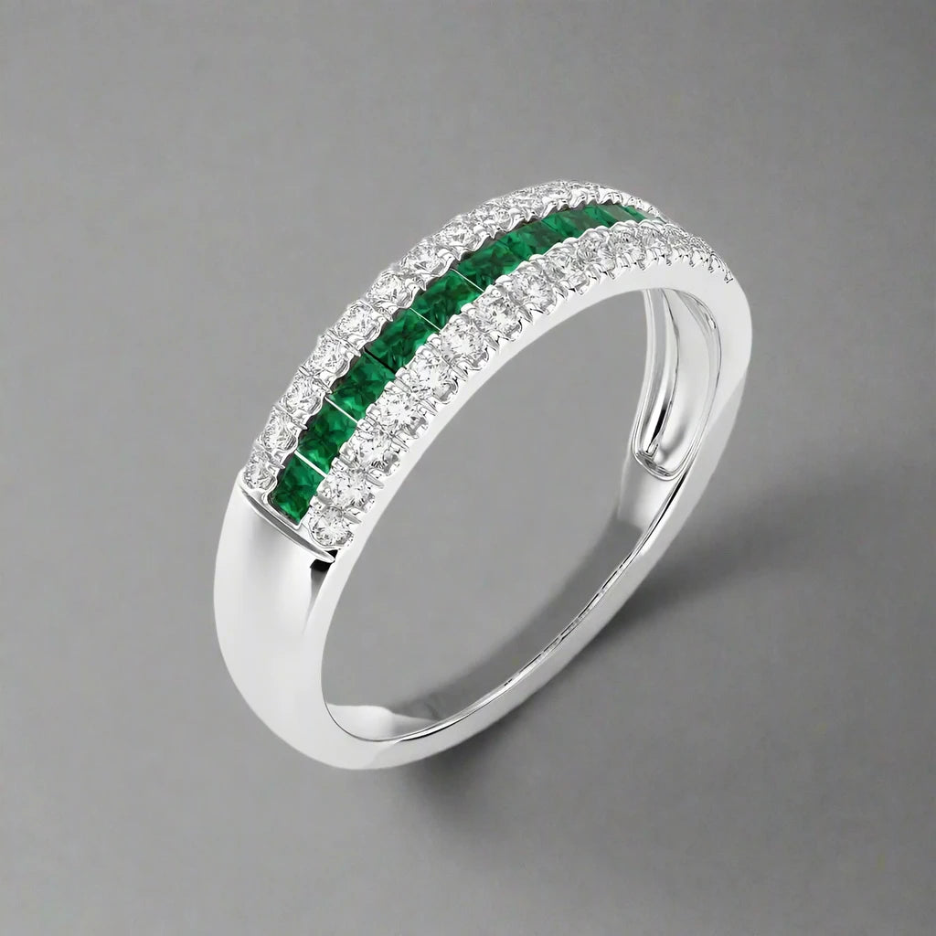 1/4 CTW Round Cut Diamond with Emerald Half Eternity Ring