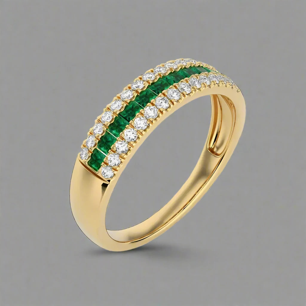 1/4 CTW Round Cut Diamond with Emerald Half Eternity Ring