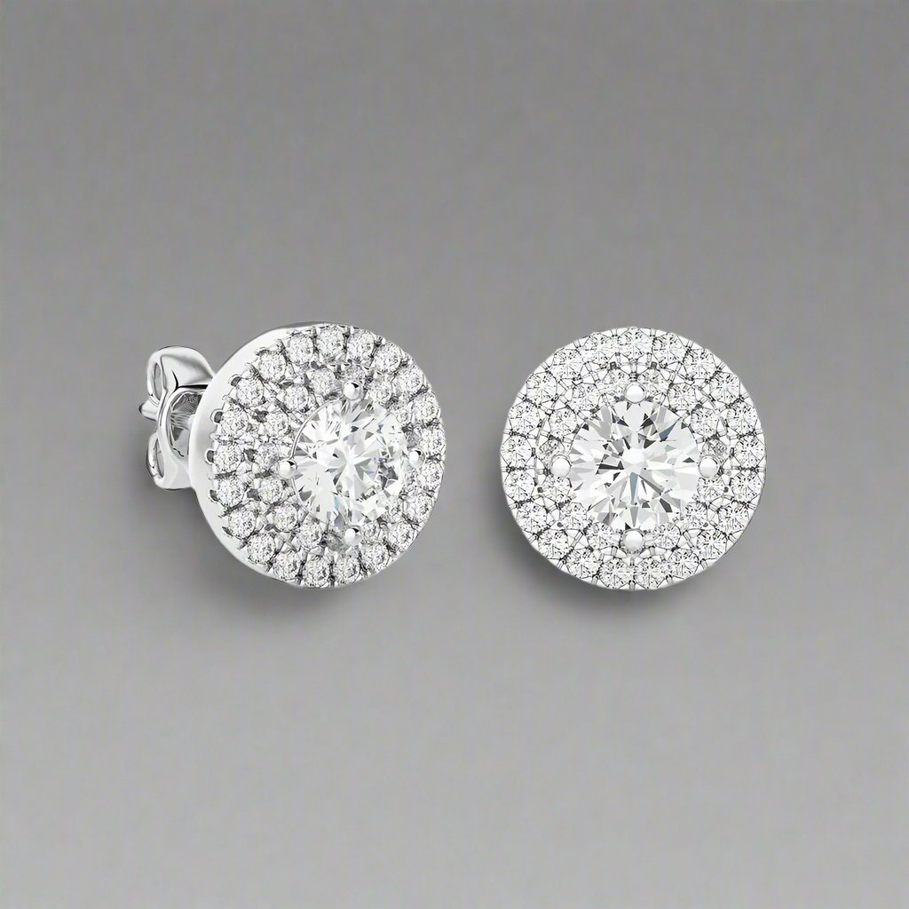 7/8 CTW Diamond Classic Double Halo Studs Earrings GH SI